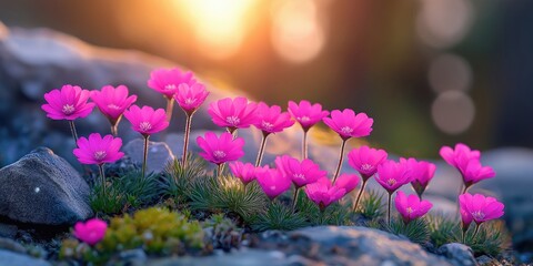 Wall Mural - A cluster of vibrant pink flowers blooming among rocks, illuminated by the warm glow of the sunset.