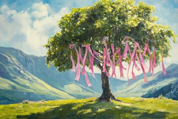 Leinwandbilder - Beautiful tree adorned with pink ribbons in a serene landscape with mountains and clouds during daylight. Generative AI