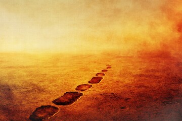 Aufkleber - Footprints lead across a barren landscape at sunset near an expansive horizon showcasing warm hues and soft clouds. Generative AI