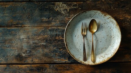 Aufkleber - Rustic dining setup with vintage fork and knife on a weathered wooden table. Generative AI