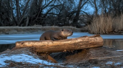 Wall Mural - North american river otter resting on a log at dusk