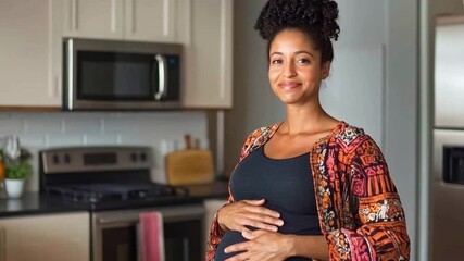 Poster - A pregnant woman stands in a modern kitchen, smiling while resting her hands on her belly.