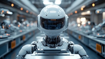 Leinwandbilder - A sophisticated robot is positioned in a high-tech manufacturing factory, overseeing automated processes and engineering tasks. This advanced system demonstrates the integration of AI and robotics.