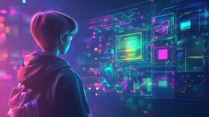 young programmer studying futuristic technology interface