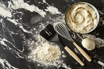 Poster - Homemade baking preparation with ingredients and tools on a marble countertop in a cozy kitchen setting. Generative AI