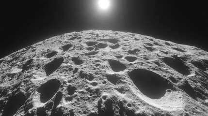 A close-up of the surface of the Moon, highlighting its craters, maria, and rugged terrain under sharp sunlight.
