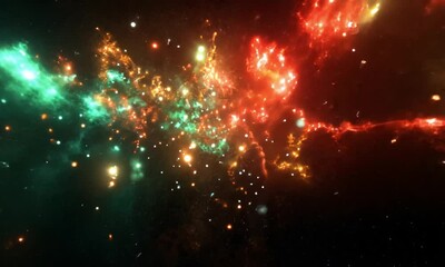 Wall Mural - brilliant fireworks explosion with red green gold colors against cosmic dark sky illuminating the ni