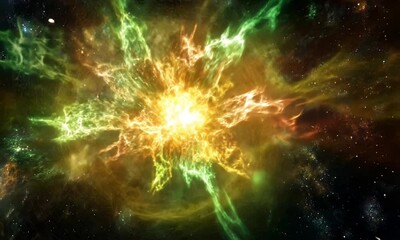 Wall Mural - Realistic Fireworks Explosion Against Dark Cosmic Background with Bright Red Green Gold Bursts Illuminating Sky