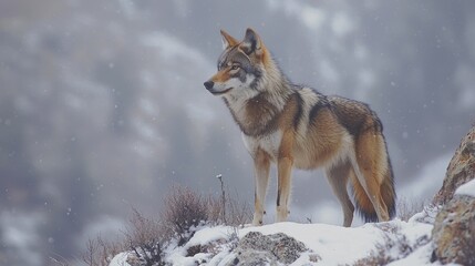 Naklejka na meble Gray wolf stands on snowy mountain peak during snowfall