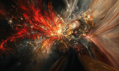 Wall Mural - Vibrant Fireworks Explosion with Red Gold Silver Bursts Against Cosmic Black Sky with Distant Stars