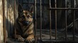 © almeera - Sad German Shepherd in Rusty Cage, Abandoned Building Background