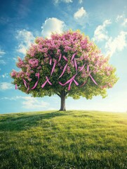 Aufkleber - Blooming tree adorned with pink ribbons on a sunny day in a vibrant green field. Generative AI