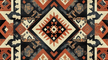 Poster - Intricate woven textile design featuring geometric patterns in warm earth tones. Generative AI