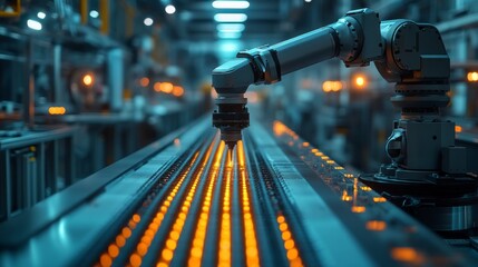 Poster - A robotic arm is meticulously working on a conveyor belt in a modern manufacturing facility, showcasing advanced automation. The environment is well-lit and busy, highlighting industrial efficiency.