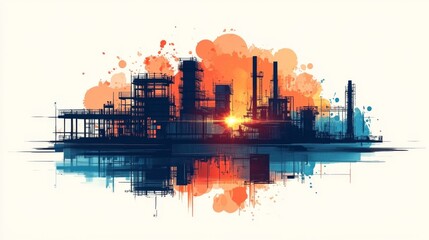 Aufkleber - A vibrant factory scene during sunset showcases an industrial site with silhouette structures.