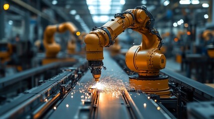 Aufkleber - A robotic arm equipped with a welding tool is executing precise welding tasks on a conveyor belt in an industrial factory. Sparks fly as automation enhances manufacturing efficiency.