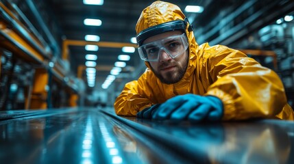 Aufkleber - A dedicated worker in a yellow protective suit and goggles engages with machinery in a bustling factory. The workspace is filled with industrial equipment and safety features.