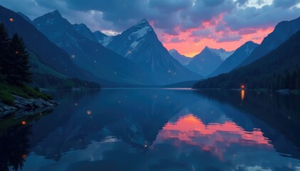 Wall Mural - Evening fireflies hovering above a tranquil mountain lake, serene, reflection, lake
