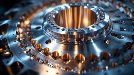 Poster - Detailed view of a precision-engineered metal component in a manufacturing facility. Advanced machinery and automation techniques enhance production efficiency and accuracy.