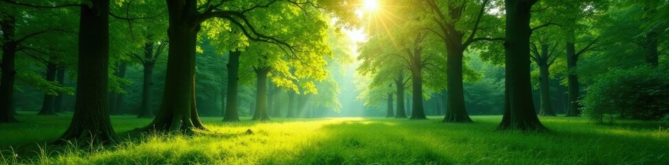 Wall Mural - Green forest with tall trees and sunlight filtering through leaves, peaceful, trees