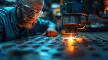 Poster - A technician closely monitors a laser cutting process in a factory setting at night, showcasing precision engineering.