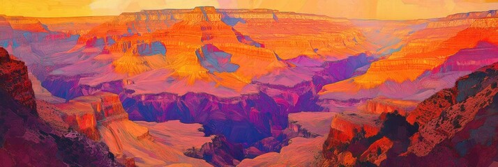 Fototapete - Vibrant sunset over the Grand Canyon showcasing colorful rock formations and vast landscapes during golden hour. Generative AI