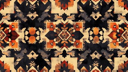 Poster - Colorful geometric textile pattern featuring intricate designs in warm and dark tones. Generative AI