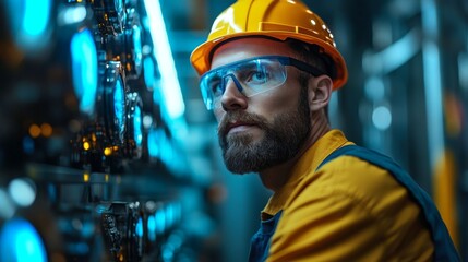 Aufkleber - A skilled worker in safety gear inspects automated machinery in a high-tech factory. The environment showcases advanced engineering and equipment for efficient manufacturing.