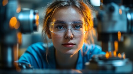 Fototapete - A focused young engineer inspects sophisticated machinery in a contemporary manufacturing workspace, showcasing her dedication and attention to detail while ensuring safety.