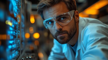 Fototapete - A focused engineer inspects high-tech automation machinery in an industrial workspace filled with advanced equipment and safety features. The workshop has a modern design.
