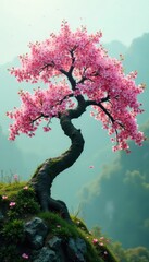 Wall Mural - Ancient sakura tree against a misty background, green, sakura, branch