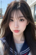 © Eggy - Young Asian Female Student in School Uniform - Selfie Photo of Young Woman outside on Sunny Day in City - Eastern Teenager in College Attire Suit or Sailor Formal Wear in Eastern Countries