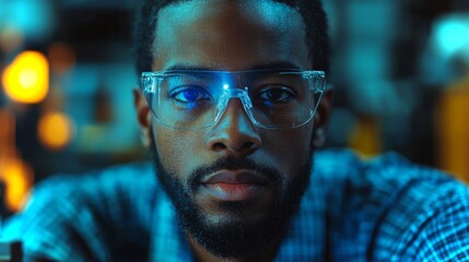 Fototapete - A dedicated engineer wearing safety glasses intensely focuses on machinery within a bustling manufacturing environment. The bright lights highlight his concentration on the assembly process.