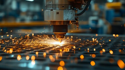 Poster - A robotic laser cutter operates in a modern manufacturing plant, creating sparks as it precision-cuts metal sheets. Automation transforms production efficiency while ensuring high-quality results.