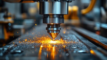 Fototapete - An automated laser cutting machine is actively processing metal sheets while generating sparks in a high-tech manufacturing facility. The environment showcases advanced engineering.