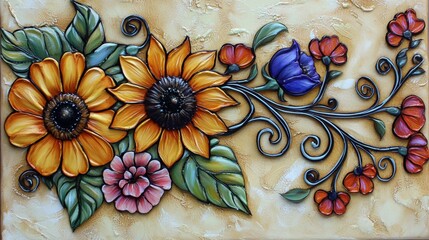 Wall Mural - bright summer-inspired acrylic floral border with sunflowers, poppies, and delicate vines.