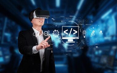 a businessman engaged in virtual reality technology for programming and web development, surrounded 