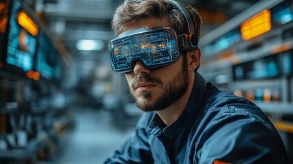 Leinwandbilder - A focused worker engages with advanced virtual reality technology in a bustling manufacturing facility. The environment showcases automation and engineering innovations essential for modern industry.
