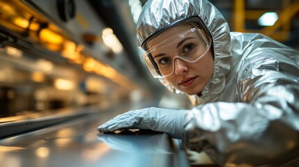 Fototapete - A worker in a silvery protective suit and goggles examines equipment in a high-tech manufacturing facility.