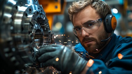Fototapete - An engineer is closely inspecting and working on intricate machinery in a busy manufacturing workshop.