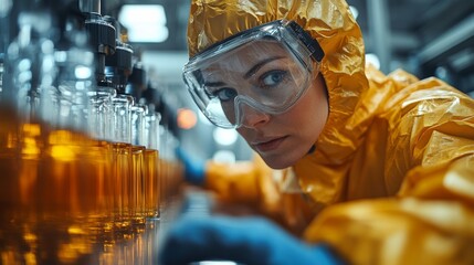 Fototapete - A woman in a yellow protective suit and goggles examines bottles of liquid on a production line in a factory. The automated machinery operates behind her while she ensures quality.