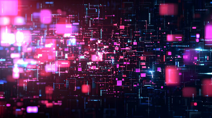Abstract Digital Network Of Glowing Squares And Lines In Blue And Red Light With Dark Background