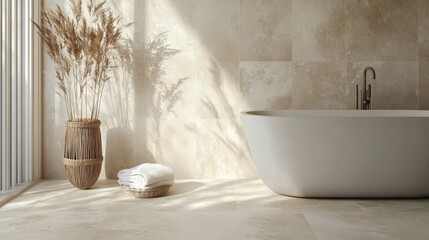 Poster - Minimalist Beige Bathroom With Freestanding Tub And Dried Flowers