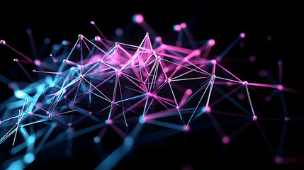 Abstract Digital Network Connection Design With Pink And Blue Lines On Black Background