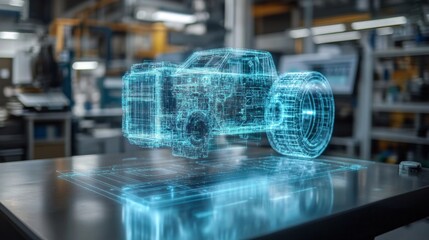 Fototapete - A digital representation of heavy machinery is displayed on a table in a high-tech manufacturing workshop. Engineers are utilizing automation tools to enhance design.