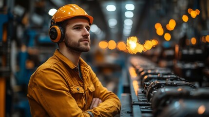 Fototapete - An engineer wearing safety gear observes machinery in a bustling factory. The warm glow of industrial lights highlights the production line during the evening shift, showcasing a dedicated atmosphere.