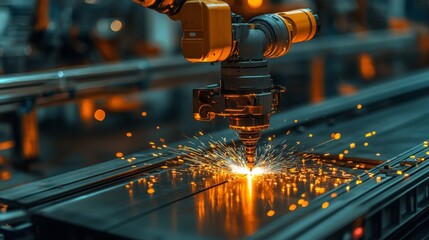 Poster - A robotic arm is engaged in welding tasks on a conveyor system within a high-tech manufacturing facility. Sparks fly as the machine efficiently completes its work.