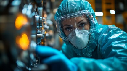 Poster - A dedicated worker wearing protective clothing and a mask is carefully examining the machinery in an industrial manufacturing setting. Safety is prioritized in the workspace.