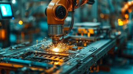Poster - A robotic arm performs precision welding on metal parts within a busy factory. Sparks fly as automation technology drives efficiency in manufacturing processes.