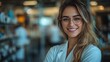© MST - A smiling female pharmacist with long, wavy hair and glasses stands confidently with her arms crossed in a pharmacy.